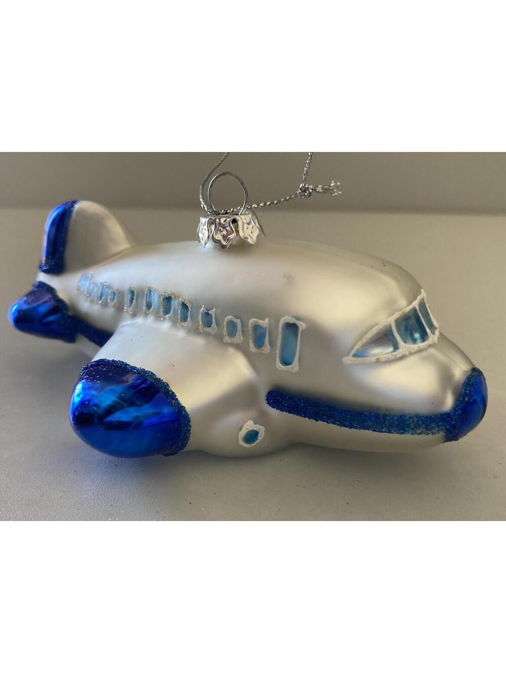 St. Nicholas Square Around the World Silver Airplane Glass Ornament (4.25" L)